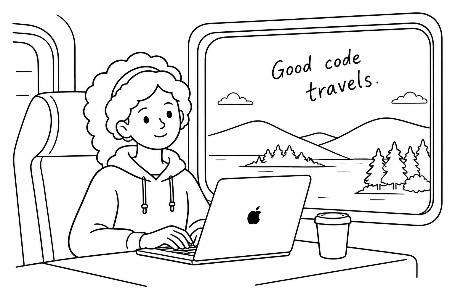 LAILA working on a laptop while travelling by train